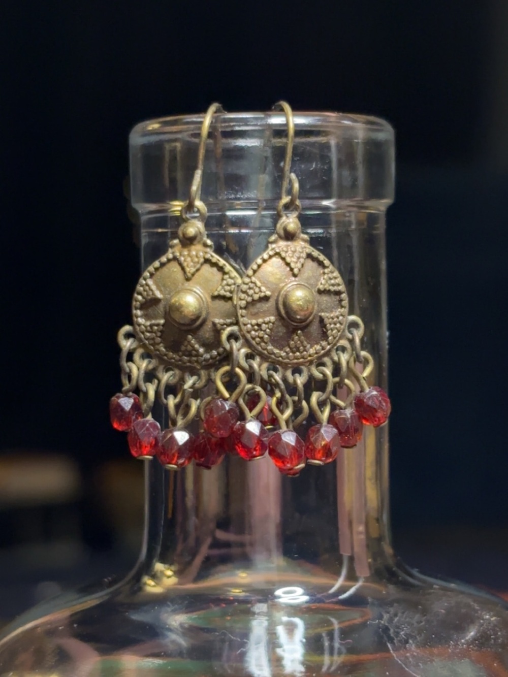 Handcrafted Gold-Tone Dangle Earrings with Red Beads